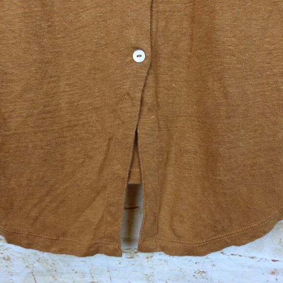 Tahari Top Women M Caramel Brown 100% Linen Tee Cap Sleeve Button Back Split Hem - Picture 6 of 9